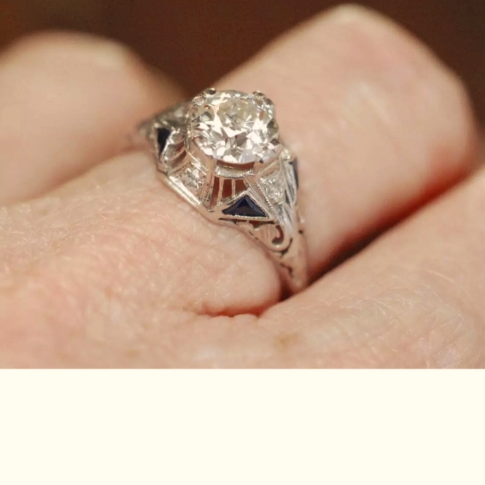 Antique filigree white gold over diamond ring